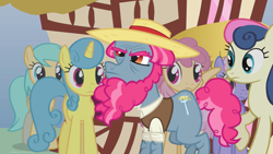 Size: 2000x1124 | Tagged: safe, imported from derpibooru, screencap, bon bon, dizzy twister, lemon hearts, orange swirl, rainbowshine, sunshower raindrops, sweetie drops, earth pony, pegasus, pony, too many pinkie pies, background pony, beard, clothes, facial hair, female, frown, hat, haymish, male, mare, solo focus, stallion, straw hat