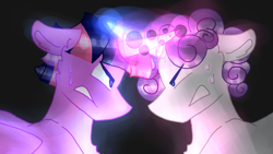 Size: 2560x1440 | Tagged: safe, alternate version, artist:shinningblossom12, imported from derpibooru, twilight sparkle, oc, oc:alex, oc:silver sparkle, alicorn, pony, unicorn, alicorn oc, angry, bust, chest fluff, colored, crossed horns, glowing horn, gritted teeth, horn, horns are touching, male, not twilight sparkle, parent:rarity, parent:twilight sparkle, stallion, sweat, twilight sparkle (alicorn), unicorn oc, wings