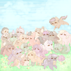 Size: 800x800 | Tagged: safe, artist:bubblegum, imported from derpibooru, oc, oc only, oc:comp, oc:demonic hooves, oc:dream vezpyre, oc:dream², oc:ice wisp, oc:princess corona lionheart iv, oc:scarlet serenade, oc:whisper softbottom, bat pony, earth pony, human, pegasus, unicorn, boop, canterlot avenue, chibi, clothes, cute, flying, group photo, hat, heart, hoof hold, hug, leonine tail, ocbetes, party hat, scarf, smiling