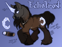 Size: 4283x3264 | Tagged: safe, artist:bagelbytes, imported from derpibooru, oc, oc:echofrost, unicorn, augmented horn, hoof fluff, horn, long feather, long mane, reference sheet, short tail