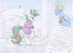 Size: 1024x740 | Tagged: safe, artist:xeviousgreenii, imported from derpibooru, grogar, gusty, gusty the great, pony, unicorn, bell, bewitching bell, cloak, clothes, colored pencil drawing, duo, female, grogar's bell, hurricane, magic, magic aura, male, mare, pillar, telekinesis, traditional art, whirlwind