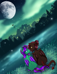 Size: 2480x3188 | Tagged: safe, artist:wild-fluff, imported from derpibooru, oc, oc only, oc:mintybatty, oc:whiskey dreams, bat pony, bird, demon, demon pony, pony, duo, moon, night, scenery, stars