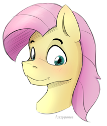 Size: 876x1026 | Tagged: safe, artist:fuzzypones, imported from derpibooru, fluttershy, pegasus, pony, blushing, bust, butterscotch, male, rule 63, solo