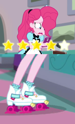 Size: 1080x1777 | Tagged: safe, edit, edited screencap, imported from derpibooru, screencap, pinkie pie, equestria girls, equestria girls series, five stars, spoiler:eqg series (season 2), cellphone, coffee, customer rating, deleted scene, female, flat tire, four stars, phone, roller skates, server pinkie pie, smartphone, solo, wat, what has science done