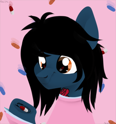 Size: 1500x1600 | Tagged: safe, artist:shiny, artist:shiny-dust, imported from derpibooru, earth pony, pony, bring me the horizon, bust, clothes, commission, equestria girls ponified, hoof hold, long sleeves, looking down, male, messy mane, oliver sykes, pills, pink background, ponified, shirt, short, simple background, solo, stallion, tattoo, underhoof, undershirt, ych result