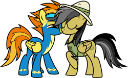 Size: 7000x4291 | Tagged: safe, alternate version, artist:icey-wicey-1517, artist:icicle-wicicle-1517, artist:n0kkun, color edit, edit, imported from derpibooru, daring do, spitfire, pegasus, pony, bedroom eyes, clothes, collaboration, colored, daringfire, eyes closed, female, goggles, hat, kissing, lesbian, mare, raised hoof, shipping, shirt, show accurate, simple background, transparent background, uniform, wonderbolts, wonderbolts uniform