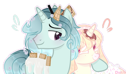 Size: 3197x1876 | Tagged: safe, artist:lazuli, artist:mint-light, imported from derpibooru, oc, oc only, pony, unicorn, cookie, donut, duo, eye clipping through hair, female, food, horn, horn impalement, male, mare, side hug, simple background, smiling, solo, stallion, transparent background, unicorn oc