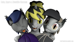 Size: 1280x720 | Tagged: safe, artist:batponyecho, imported from derpibooru, oc, oc only, oc:echo, oc:eventide blossom, oc:sparc, bat pony, pony, unicorn, vampire, vampony, 3d, :p, bat pony oc, bat wings, eyes closed, fangs, looking at you, male, simple background, smiling, smiling at you, source filmmaker, spread wings, stallion, tongue out, white background, wings