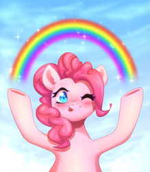 Size: 2189x2500 | Tagged: safe, artist:avrameow, imported from derpibooru, pinkie pie, earth pony, pony, :p, blushing, cloud, cute, diapinkes, high res, idiot box, imagination, one eye closed, rainbow, smiling at you, spongebob squarepants, tongue out, wink