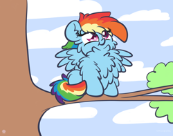 Size: 3250x2560 | Tagged: safe, artist:kimjoman, artist:php142, imported from derpibooru, rainbow dash, pegasus, pony, behaving like a bird, chest fluff, cute, dashabetes, female, fluffy, impossibly large chest fluff, in a tree, looking up, mare, outdoors, peacocking, solo, spread wings, tree, tree branch, wings