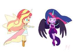 Size: 1080x810 | Tagged: safe, artist:pink flame, imported from derpibooru, sci-twi, sunset shimmer, twilight sparkle, equestria girls, friendship games, artificial wings, augmented, daydream shimmer, helping, magic, magic wings, midnight sparkle, scared, scene interpretation, wings