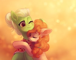 Size: 2547x2019 | Tagged: safe, artist:koviry, imported from derpibooru, granny smith, pear butter, earth pony, pony, cute, daughter in law, duo, ear fluff, eyes closed, female, high res, hug, mare, mother in law