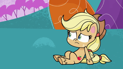 Size: 1920x1080 | Tagged: safe, imported from derpibooru, screencap, applejack, earth pony, pony, my little pony: pony life, spoiler:my little pony: pony life, bighoof walking, female, frown, g4.5, mare, sitting, solo