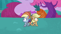 Size: 1920x1080 | Tagged: safe, imported from derpibooru, screencap, applejack, rainbow dash, earth pony, pegasus, pony, my little pony: pony life, spoiler:my little pony: pony life, bighoof walking, duo, female, g4.5, mare