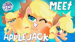 Size: 1280x720 | Tagged: safe, imported from derpibooru, part of a set, applejack, pinkie pie, earth pony, pony, my little pony: pony life, female, g4.5, meet applejack, multeity, my little pony logo, solo, youtube link, youtube thumbnail