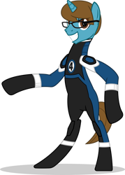 Size: 1280x1785 | Tagged: safe, artist:mlp-trailgrazer, imported from derpibooru, oc, oc only, oc:thespio, pony, unicorn, bipedal, fantastic four, glasses, male, reed richards, simple background, solo, stallion, transparent background