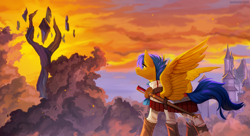 Size: 1988x1080 | Tagged: safe, artist:margony, derpibooru exclusive, imported from derpibooru, oc, oc only, oc:crushingvictory, pegasus, pony, castle, clothes, looking at something, male, pegasus oc, smiling, spread wings, stallion, sunset, sword, weapon, wings