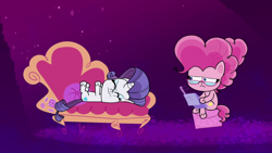 Size: 1920x1080 | Tagged: safe, imported from derpibooru, screencap, pinkie pie, rarity, earth pony, pony, unicorn, bad thing no. 3, my little pony: pony life, spoiler:pony life s01e05, fainting couch, g4.5, glasses, notepad, reading glasses