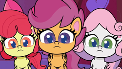 Size: 1920x1080 | Tagged: safe, imported from derpibooru, screencap, apple bloom, scootaloo, sweetie belle, earth pony, pegasus, pony, unicorn, disappearing act, my little pony: pony life, spoiler:my little pony: pony life, animation error, cutie mark crusaders, female, filly, g4.5, hornless unicorn, missing horn, trio