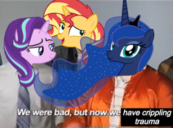 Size: 1041x768 | Tagged: safe, edit, imported from derpibooru, princess luna, starlight glimmer, sunset shimmer, anthro, unicorn, meme, reddit, sex offender shuffle, we were bad but now we're good