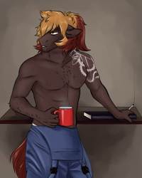 Size: 1598x2000 | Tagged: safe, artist:jeshh, imported from derpibooru, oc, oc only, oc:coal train, anthro, clothes, coffee mug, male, mug, overalls, partial nudity, solo, tattoo, topless