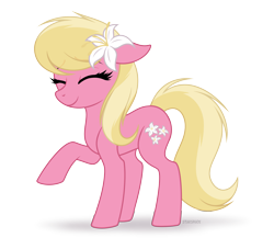 Size: 2865x2601 | Tagged: safe, artist:starshade, imported from derpibooru, lily, lily valley, earth pony, pony, cute, eyes closed, female, floppy ears, flower, flower in hair, full body, mare, raised hoof, simple background, smiling, solo, transparent background