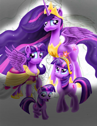 Size: 2550x3300 | Tagged: safe, artist:jac59col, imported from derpibooru, twilight sparkle, alicorn, pony, unicorn, the last problem, age progression, big crown thingy, big crown thingy 2.0, clothes, coronation dress, dress, element of magic, female, filly, filly twilight sparkle, jewelry, mare, multeity, older, older twilight, princess twilight 2.0, regalia, self ponidox, sparkle sparkle sparkle, time paradox, twilight sparkle (alicorn), unicorn twilight, wip, younger