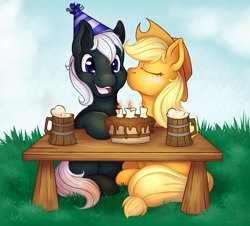 Size: 960x866 | Tagged: safe, artist:pingwinowa, imported from derpibooru, applejack, oc, oc:dragon, earth pony, pony, birthday, blushing, cake, canon x oc, celebration, cider, dragojack, female, food, grass, kissing, male, mare, shipping, stallion, straight, table