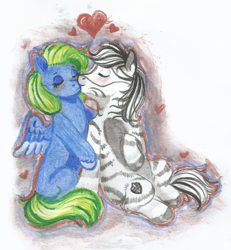 Size: 1003x1086 | Tagged: safe, artist:69beas, imported from derpibooru, oc, oc:adelle, oc:palatinatus clypeus, pegasus, zebra, blushing, couple, cute, eyes closed, heart, hug, kissing, pegasus oc, spread wings, traditional art, wings, zebra oc