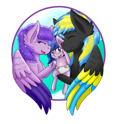 Size: 1400x1500 | Tagged: safe, artist:midnightfire1222, imported from derpibooru, oc, oc only, oc:arc flash, oc:cadenza, pegasus, pony, baby alora, group, present, proud parents, simple background, transparent background