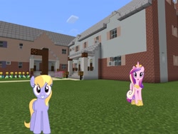 Size: 2048x1536 | Tagged: safe, artist:bluemeganium, artist:parclytaxel, artist:topsangtheman, imported from derpibooru, cloud kicker, princess cadance, alicorn, pegasus, pony, house, looking at you, minecraft, photoshopped into minecraft