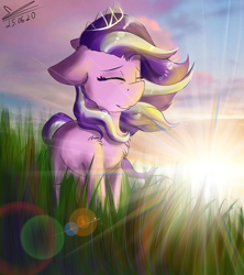 Size: 940x1060 | Tagged: safe, artist:yuris, imported from derpibooru, diamond tiara, pony, butt, cheek fluff, chest fluff, eyes closed, female, jewelry, leg fluff, lens flare, open mouth, plot, raised hoof, redraw, redrawn, shining, shoulder fluff, smiling, solo, sunrise, tiara