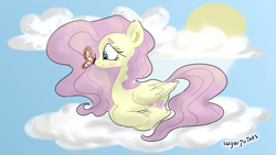 Size: 1920x1080 | Tagged: safe, artist:hatperson56, imported from derpibooru, fluttershy, butterfly, pegasus, pony, blush sticker, blushing, butterfly on nose, cloud, ear fluff, female, folded wings, insect on nose, looking at something, mare, on a cloud, outdoors, profile, prone, sky, smiling, solo, sun, wallpaper, wings