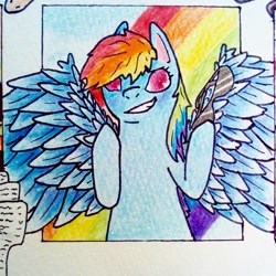 Size: 1080x1080 | Tagged: safe, alternate version, artist:l0u1ou, imported from derpibooru, rainbow dash, pegasus, pony, bust, cropped, grin, hoof hold, smiling, spread wings, sunglasses, traditional art, wings