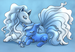 Size: 1307x917 | Tagged: safe, artist:ailish, imported from derpibooru, oc, oc:glacandra, oc:glace, alolan ninetales, fox, ninetales, pony, unicorn, alolan form, bow, freckles, hair bow, kitsune, lying down, pokémon, prone, sleeping