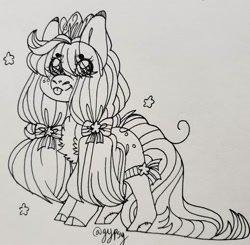 Size: 1080x1058 | Tagged: safe, artist:im_insanex, imported from derpibooru, oc, oc only, earth pony, pony, :p, bow, chest fluff, cloven hooves, earth pony oc, hair bow, jewelry, lineart, monochrome, signature, solo, tiara, tongue out, traditional art