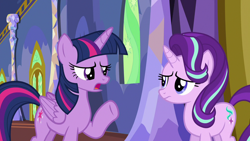 Size: 1280x720 | Tagged: safe, imported from derpibooru, screencap, starlight glimmer, twilight sparkle, alicorn, changeling, pony, unicorn, to where and back again, disguise, disguised changeling, duo, fake twilight, twilight sparkle (alicorn)