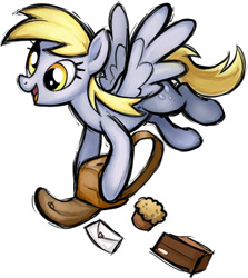 Size: 664x745 | Tagged: safe, artist:sunbusting, imported from derpibooru, derpy hooves, pegasus, pony, fighting is magic, cute, derpabetes, female, food, hoof hold, letter, mare, muffin, open mouth, package, satchel, simple background, solo, style emulation, white background