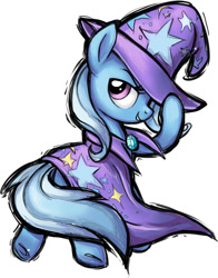 Size: 617x789 | Tagged: safe, artist:sunbusting, imported from derpibooru, trixie, pony, unicorn, fighting is magic, cute, diatrixes, female, hat tip, looking at you, looking back, looking back at you, mare, profile, simple background, smiling, solo, style emulation, white background