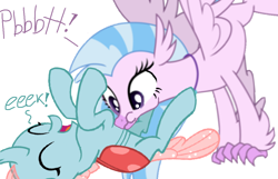 Size: 1080x696 | Tagged: safe, artist:princessdestiny200i, imported from derpibooru, ocellus, silverstream, changeling, hippogriff, adorable face, blowing, cuddly, cute, cuteling, cuteness overload, daaaaaaaaaaaw, diaocelles, diastreamies, eyes closed, female, hnnng, hugable, huggable, laughing, lesbian, ocellustream, raspberry, shipping, silverbetes, simple background, speech, sweet dreams fuel, talking, tickle torture, tickling, tongue out, tummy buzz, weapons-grade cute, white background