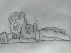 Size: 504x376 | Tagged: safe, artist:sujeito estranho, imported from derpibooru, bon bon, lyra heartstrings, sweetie drops, earth pony, pony, unicorn, black and white, book, cute, female, grayscale, lesbian, lyrabon, mare, monochrome, shipping, sleeping, traditional art