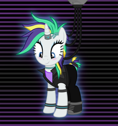 Size: 3556x3804 | Tagged: safe, artist:anime-equestria, imported from derpibooru, rarity, pony, unicorn, alternate hairstyle, blushing, bracelet, clothes, cute, cyberpunk, female, glow, glowing, happy, hoofband, horn, horn ring, jewelry, mare, necklace, punk, raripunk, shirt, shoes, smiling, solo, wires