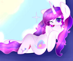 Size: 2048x1707 | Tagged: safe, artist:anasflow, artist:shinningblossom12, imported from derpibooru, oc, oc only, oc:anasflow maggy, pony, unicorn, :p, collaboration, female, horn, mare, one eye closed, sitting, solo, tongue out, unicorn oc, wink