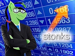 Size: 510x382 | Tagged: safe, alternate version, artist:swiftt_studios, imported from derpibooru, oc, oc only, anthro, earth pony, business suit, clothes, crossed arms, dead meme, earth pony oc, glasses, meme, necktie, ponified meme, smiling, solo, stock market, stonks