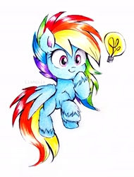 Size: 2322x3052 | Tagged: safe, artist:liaaqila, imported from derpibooru, rainbow dash, pegasus, pony, my little pony: pony life, the best of the worst, spoiler:pony life s01e02, chest fluff, ear fluff, female, g4.5, hoof fluff, idea, leg fluff, light bulb, lightbulb, solo, traditional art