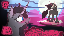 Size: 2560x1440 | Tagged: safe, artist:idclop, imported from derpibooru, fhtng th§ ¿nsp§kbl, oleander, classical unicorn, demon, unicorn, them's fightin' herds, blushing, book, cloven hooves, colored hooves, colored horn, community related, female, fred, fredeander, full moon, horn, leonine tail, magic, male, mare, moon, oh no he's hot, oleander (tfh), shipping, stallion, sweat, transformation, unicornomicon, unshorn fetlocks