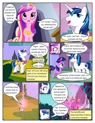 Size: 612x792 | Tagged: safe, artist:newbiespud, edit, edited screencap, imported from derpibooru, screencap, princess cadance, queen chrysalis, rarity, shining armor, twilight sparkle, alicorn, pony, unicorn, comic:friendship is dragons, a canterlot wedding, barrier, canterlot, castle, comic, dialogue, eyes closed, female, filly, filly twilight sparkle, hoof shoes, jewelry, male, mare, open mouth, screencap comic, smiling, stallion, tiara, unicorn twilight, unshorn fetlocks, younger