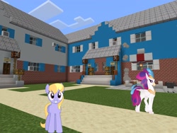 Size: 2048x1536 | Tagged: safe, artist:topsangtheman, imported from derpibooru, cloud kicker, queen novo, classical hippogriff, hippogriff, pegasus, pony, my little pony: the movie, house, looking at you, minecraft, photoshopped into minecraft