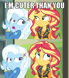 Size: 640x720 | Tagged: safe, edit, edited screencap, imported from derpibooru, screencap, sunset shimmer, trixie, equestria girls, equestria girls series, forgotten friendship, caption, comic, ego, frown, image macro, meme, narcissism, screencap comic, smiling, smirk, sunset shimmer is not amused, text, trixie yells at everything, unamused