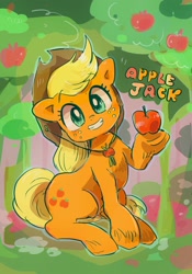 Size: 1436x2048 | Tagged: safe, artist:osawari64, imported from derpibooru, applejack, earth pony, pony, apple, apple tree, cute, female, jackabetes, looking at you, mare, sitting, smiling, solo, tree